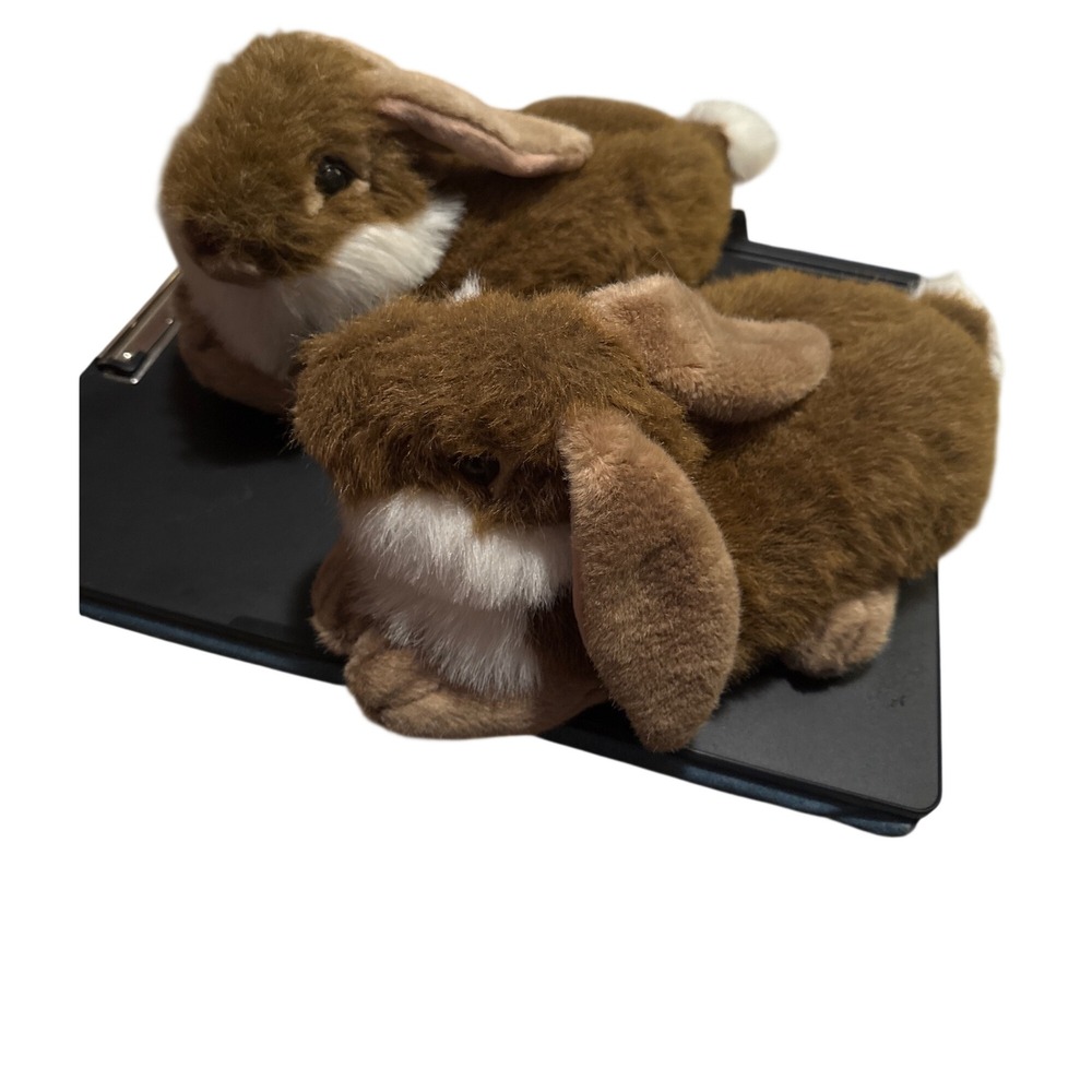Vtg Realistic Bunny Rabbit Plush Slippers Floppy Ears Brown Cozy Women's L